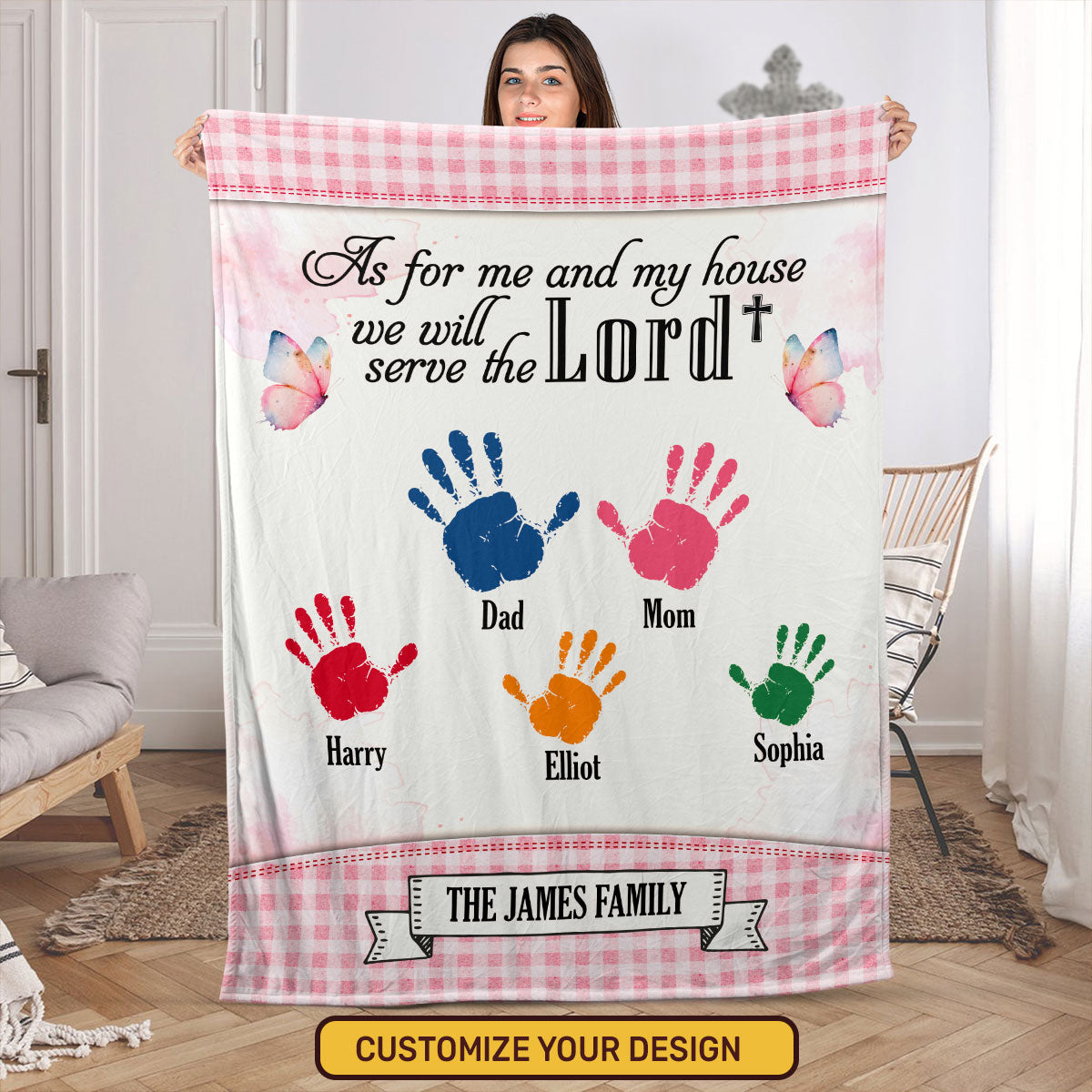 As For Me And My House Family Handprint - Personalized Fleece Blanket DSFBHLT1801TA