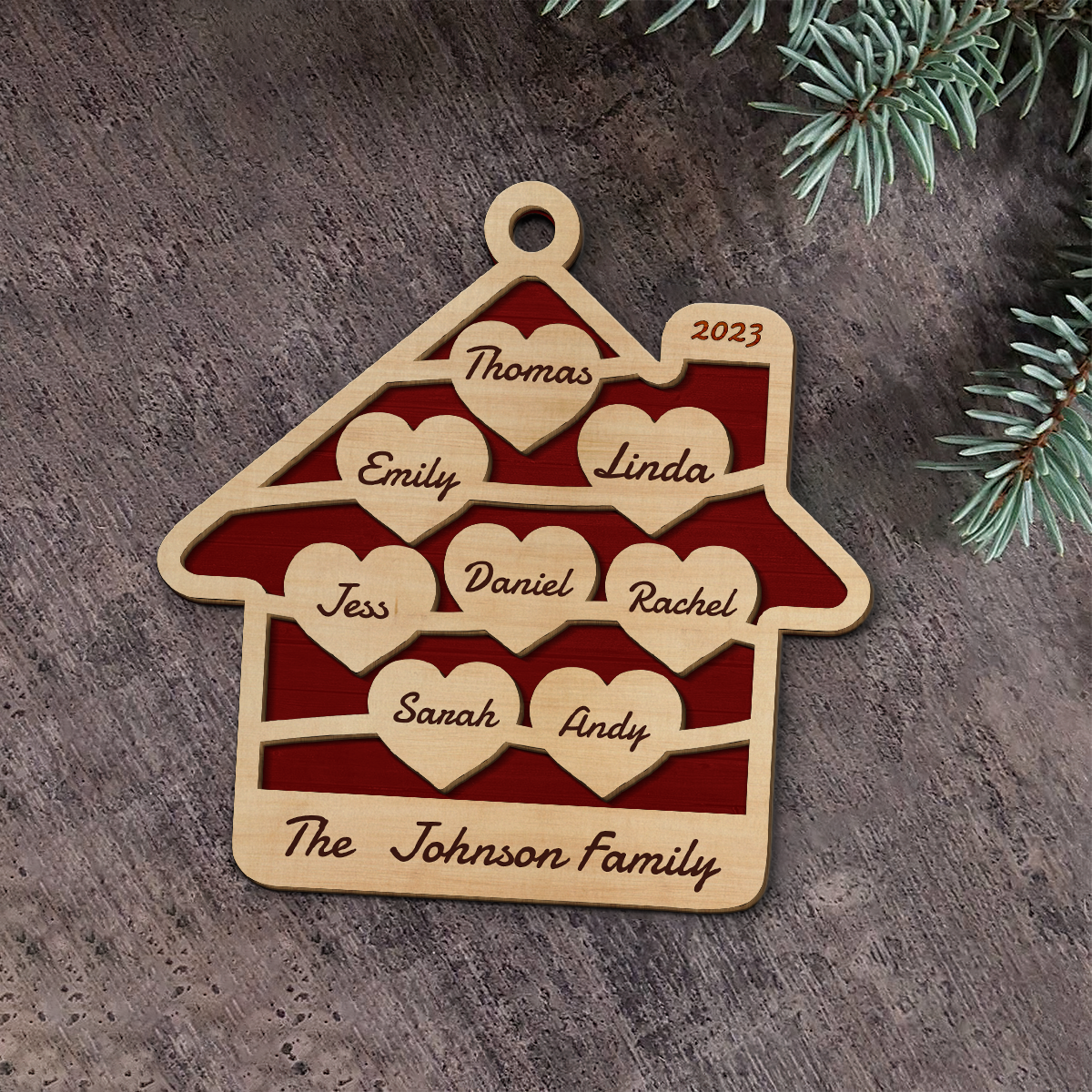 Family Hearts and Home - 2 Layers Personalized Wood Ornament DS-65