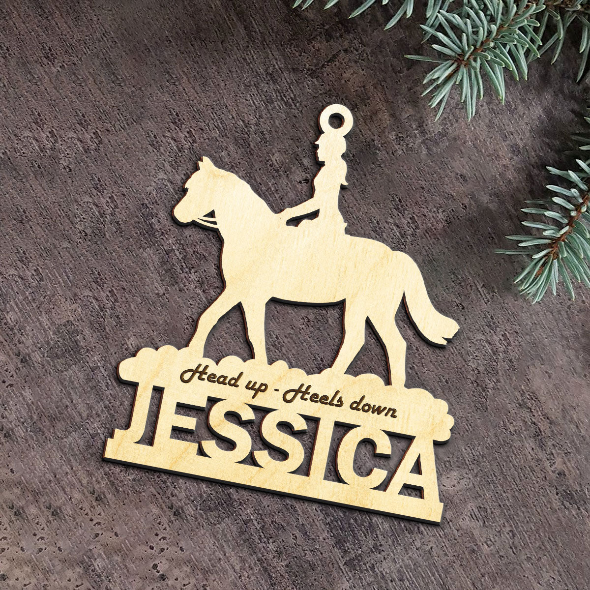 Head Up - Heels Down - Personalized Wood Ornament DS-51