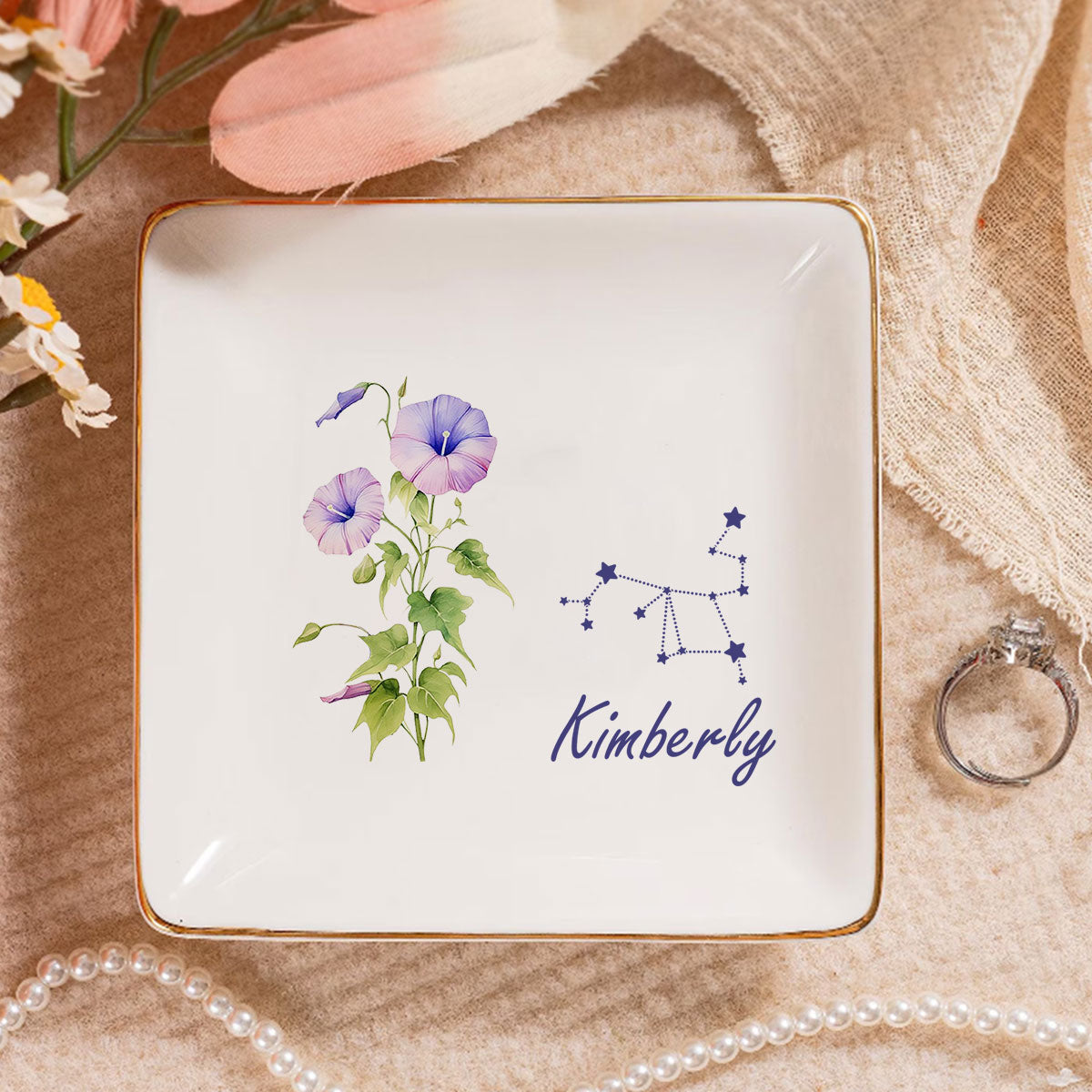 Birth Month Zodiac Flower - Personalized Jewelry Dish DSJDPT1865TA