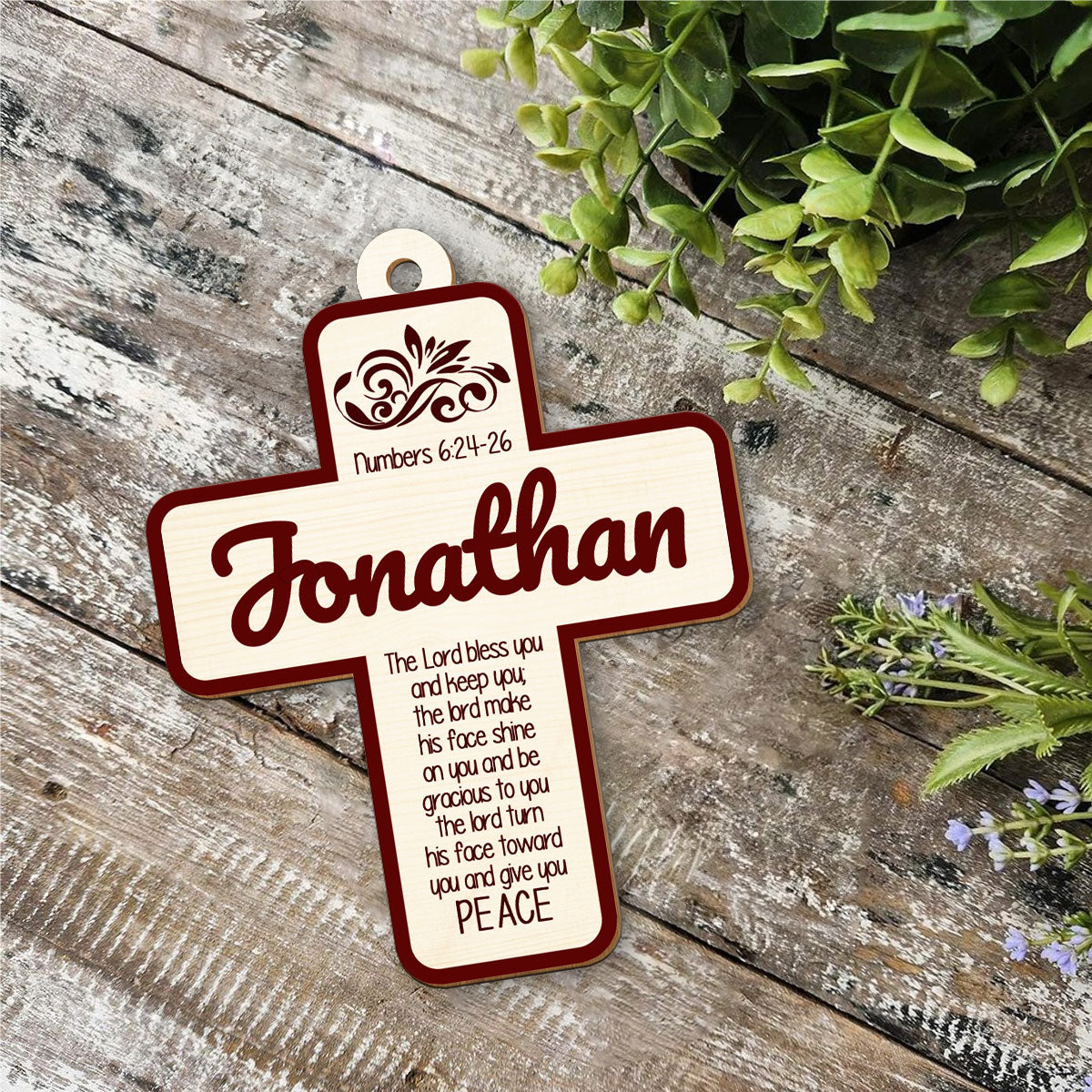 Numbers 6:24-26 Cross Personalized Wood Ornament DS-008