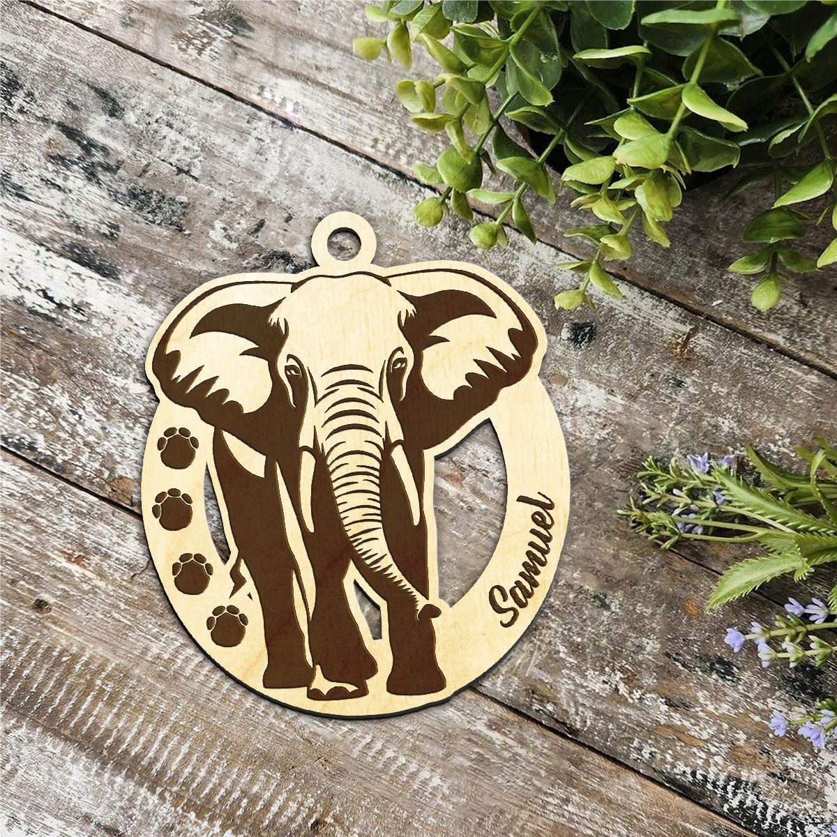 Elephant Personalized Wood Ornament DS-16