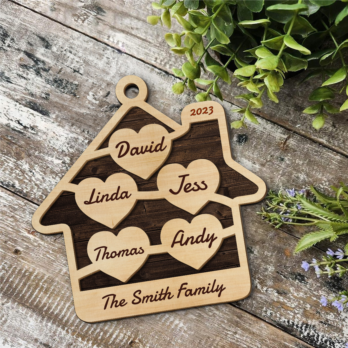 Family Hearts and Home - 2 Layers Personalized Wood Ornament DS-65