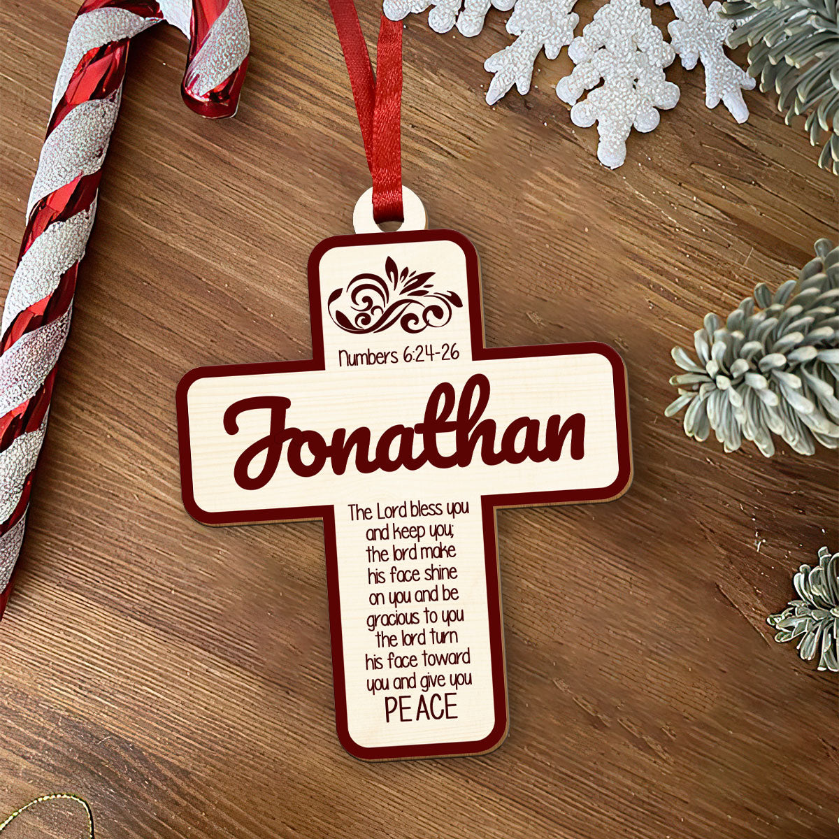Numbers 6:24-26 Cross Personalized Wood Ornament DS-008