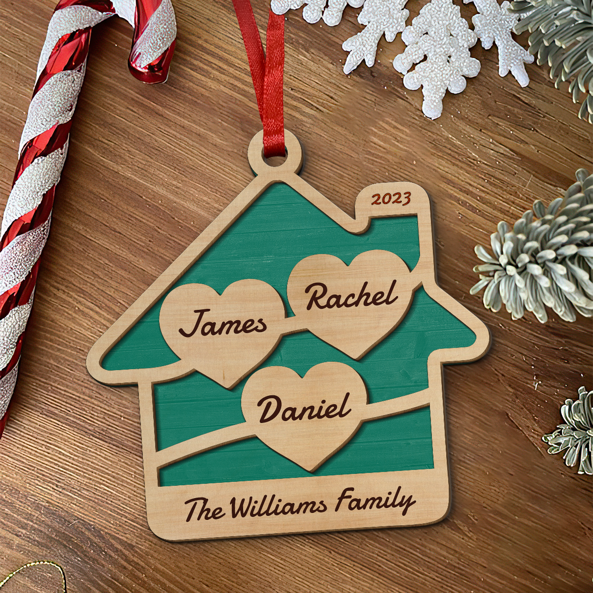 Family Hearts and Home - 2 Layers Personalized Wood Ornament DS-65