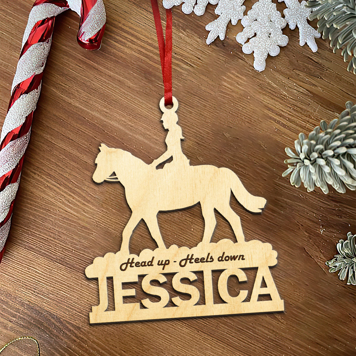 Head Up - Heels Down - Personalized Wood Ornament DS-51