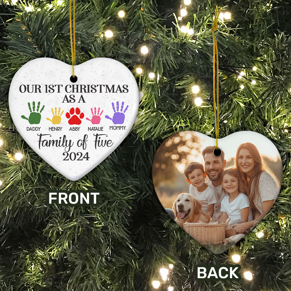 First Christmas As A Family Handprints - Personalized Heart Shaped Ceramic Ornament DSHCOHLN2145TA
