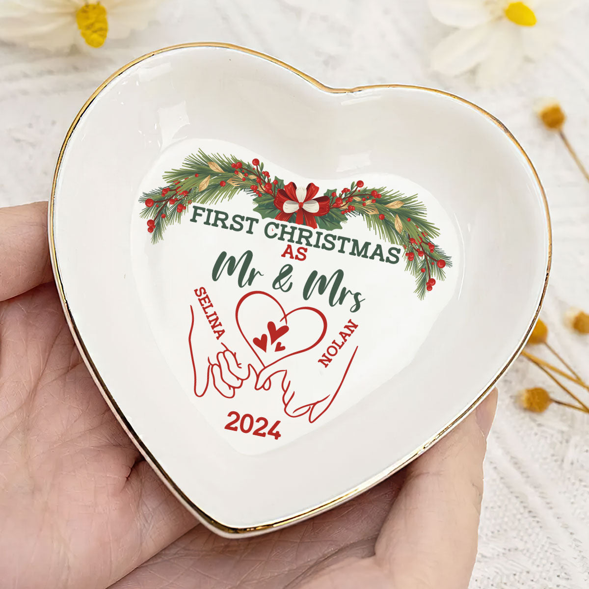 First Christmas as Mr & Mrs - Personalized Heart Shaped Jewelry Dish DSSHSCRDHLN2403M