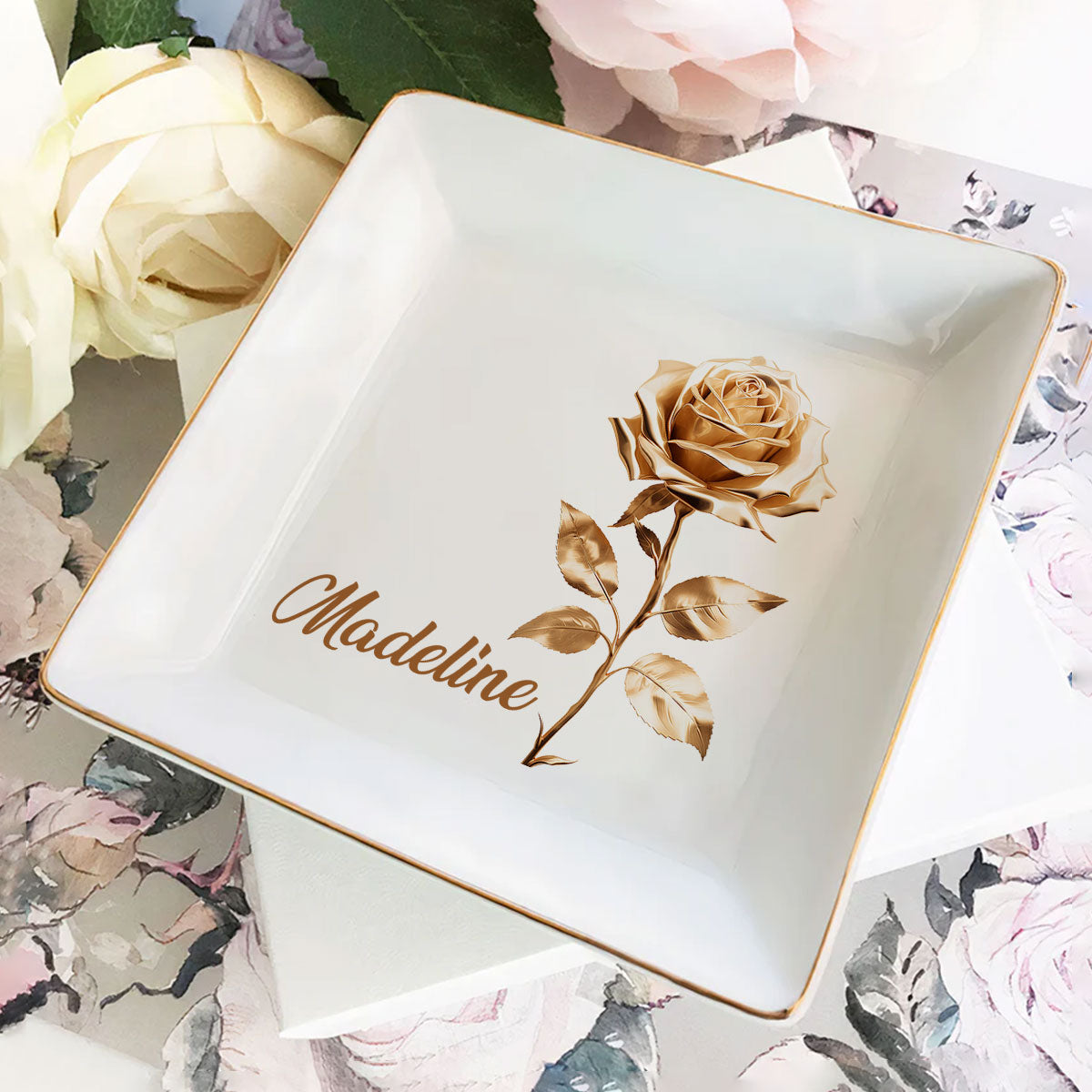 Gold Birth Month Flower - Personalized Jewelry Dish DSJDHLN2500D