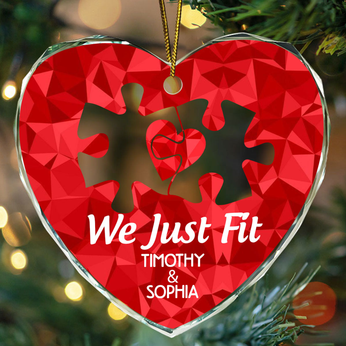 We Just Fit - Personalized Heart Shaped Glass Ornament DSHGOHLN2382L