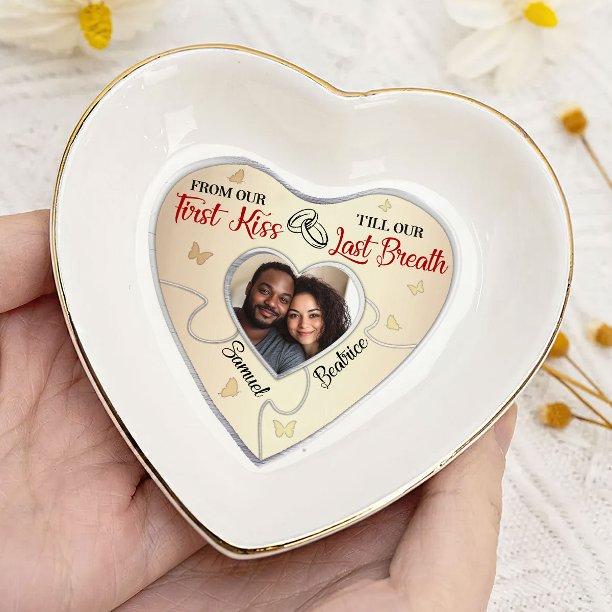From Our First Kiss Till Our Last Breath Couple Photo - Personalized Heart Shaped Jewelry Dish DSSHSCRDHLN2490T