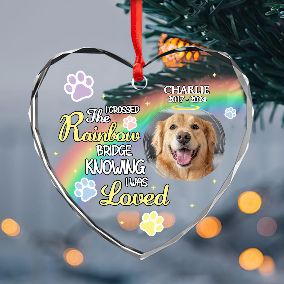 I Crossed The Rainbow Bridge Knowing I Was Loved - Personalized Heart Shaped Glass Ornament DSHGOHLPA2286L