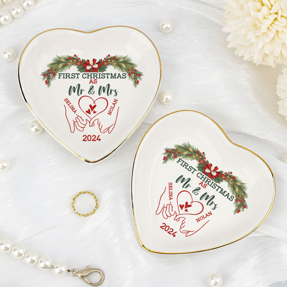 First Christmas as Mr & Mrs - Personalized Heart Shaped Jewelry Dish DSSHSCRDHLN2403M