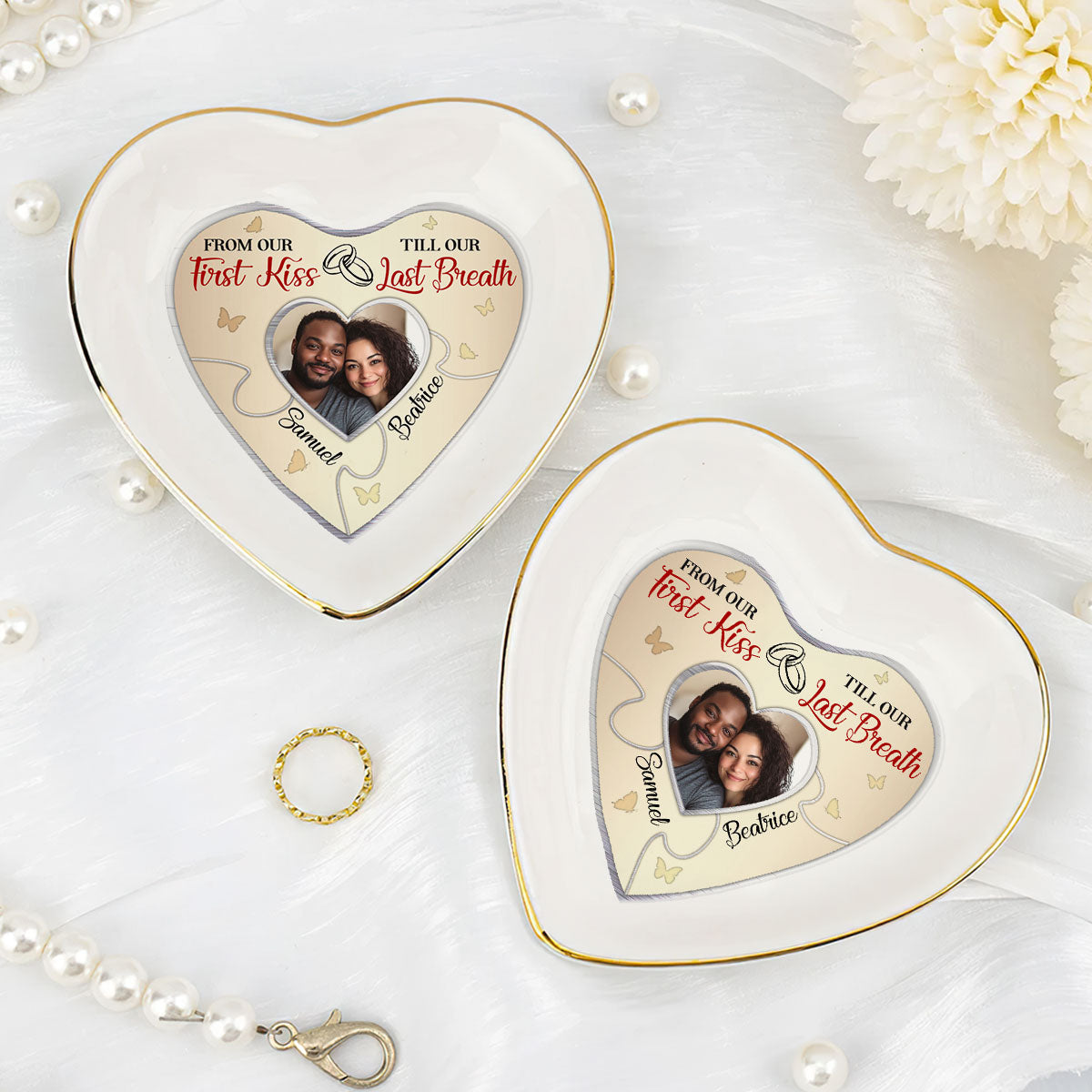 From Our First Kiss Till Our Last Breath Couple Photo - Personalized Heart Shaped Jewelry Dish DSSHSCRDHLN2490T