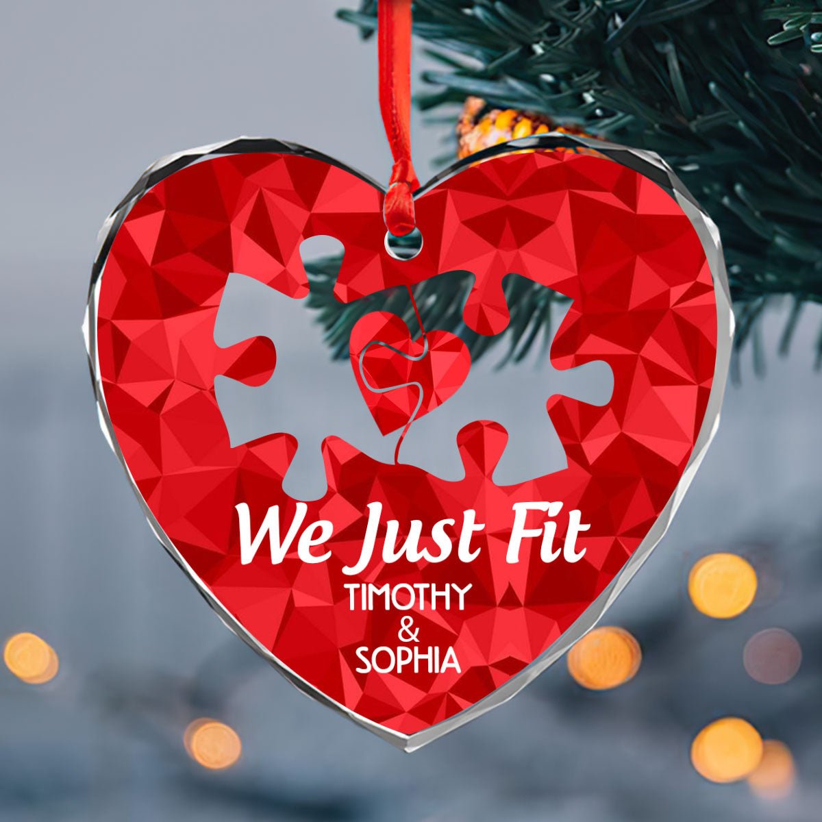 We Just Fit - Personalized Heart Shaped Glass Ornament DSHGOHLN2382L