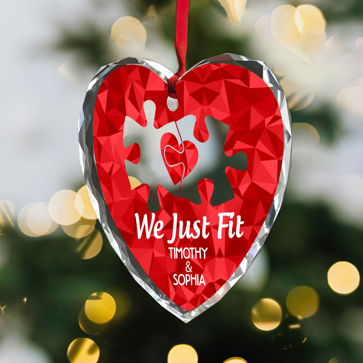 We Just Fit - Personalized Heart Shaped Glass Ornament DSHGOHLN2382L