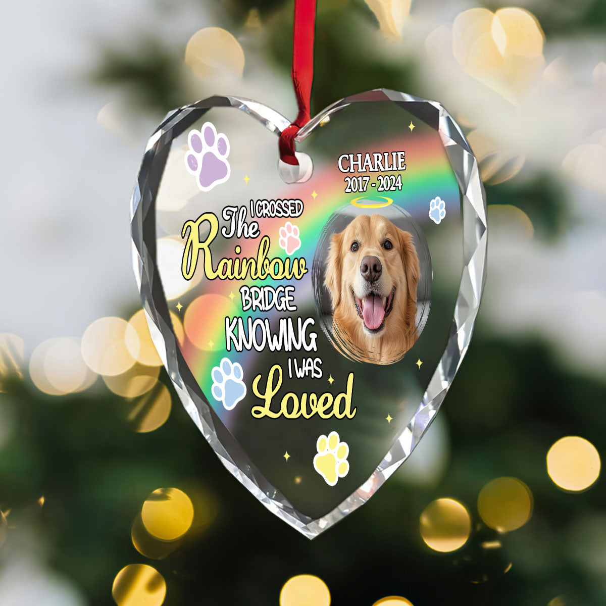 I Crossed The Rainbow Bridge Knowing I Was Loved - Personalized Heart Shaped Glass Ornament DSHGOHLPA2286L