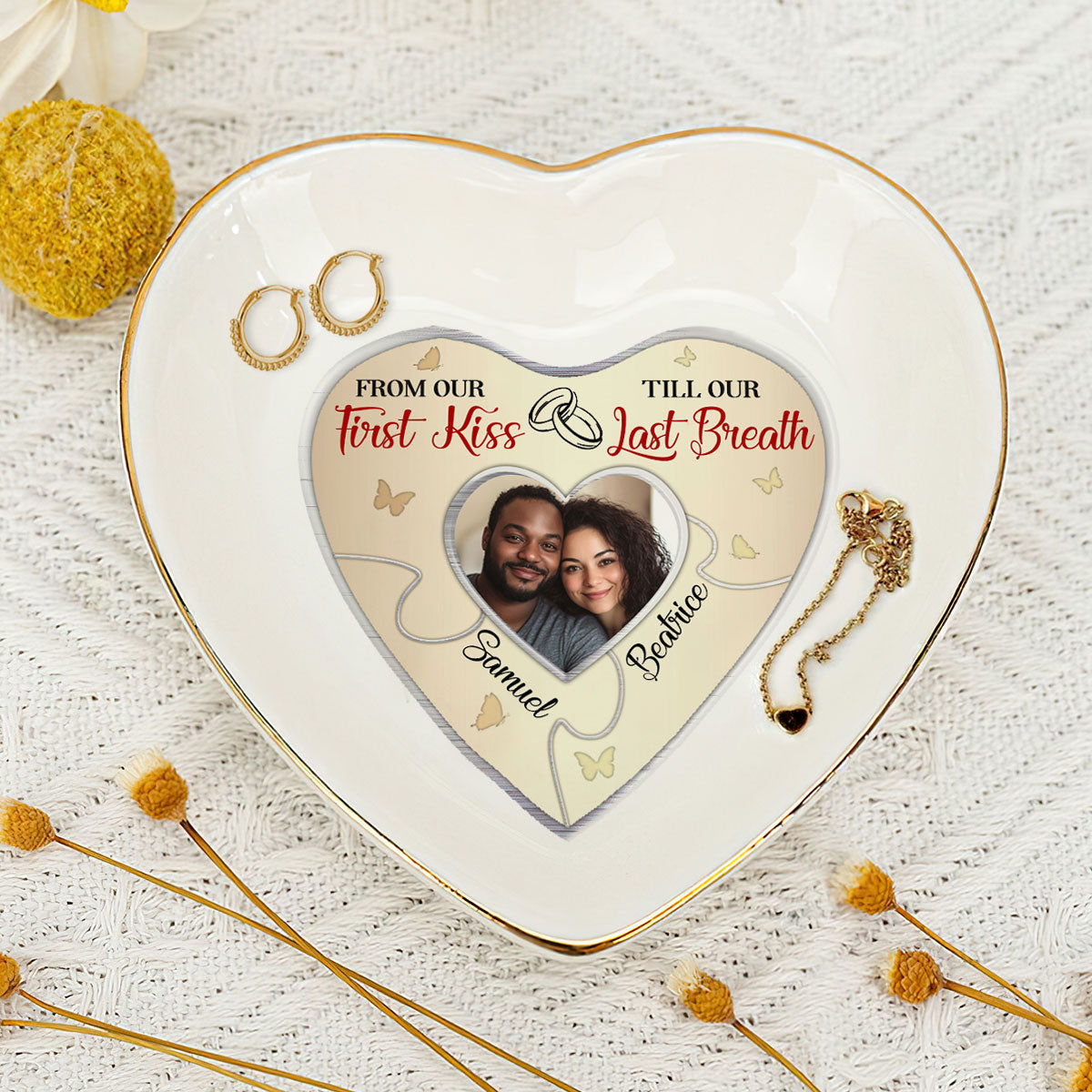 From Our First Kiss Till Our Last Breath Couple Photo - Personalized Heart Shaped Jewelry Dish DSSHSCRDHLN2490T