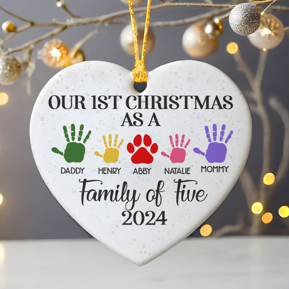 First Christmas As A Family Handprints - Personalized Heart Shaped Ceramic Ornament DSHCOHLN2145TA