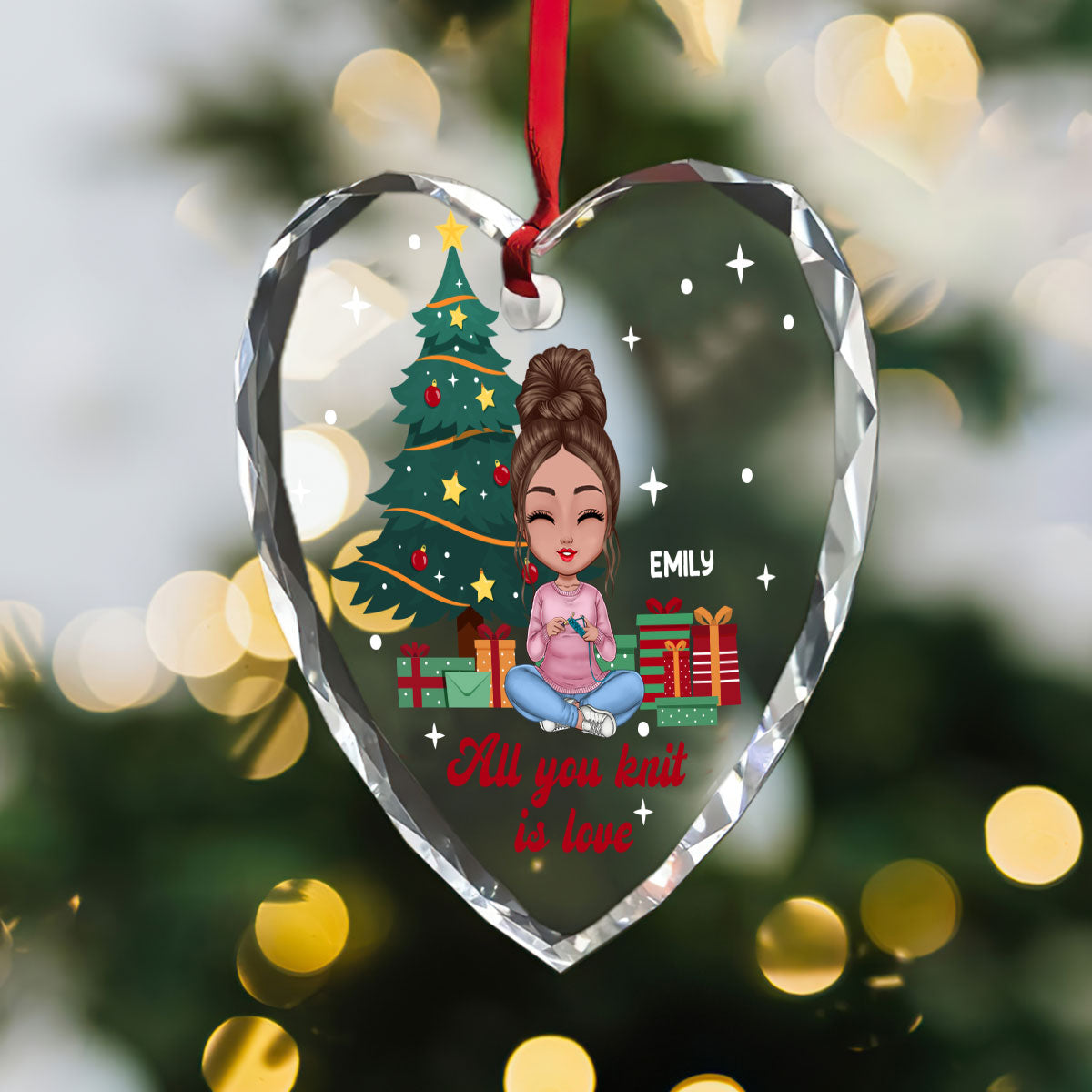 All You Knit Is Love - Personalized Heart Shaped Glass Ornament DSHGONNN2093L