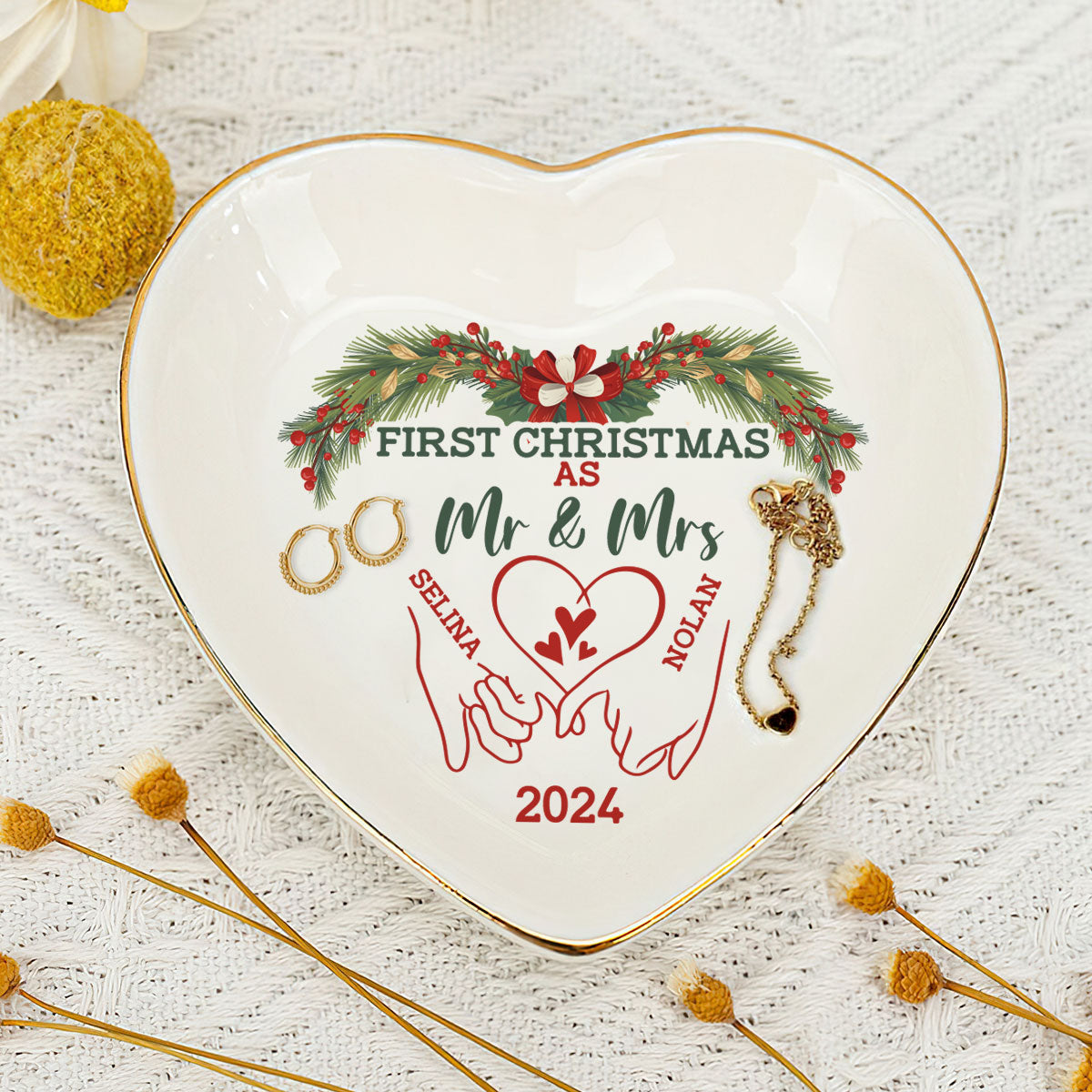 First Christmas as Mr & Mrs - Personalized Heart Shaped Jewelry Dish DSSHSCRDHLN2403M