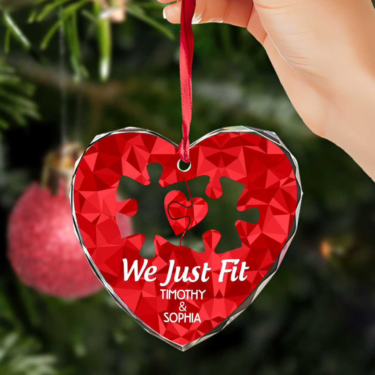 We Just Fit - Personalized Heart Shaped Glass Ornament DSHGOHLN2382L