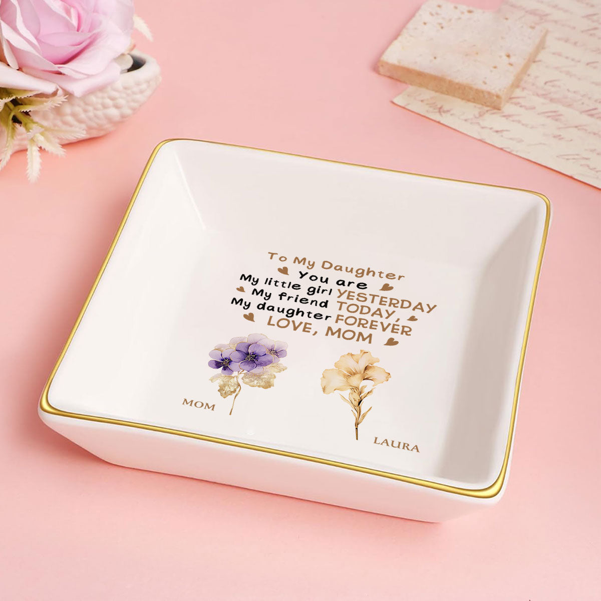 To My Daughter Birth Month Flower - Personalized Jewelry Dish DSJDHLPA2521T