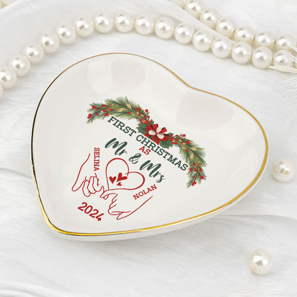 First Christmas as Mr & Mrs - Personalized Heart Shaped Jewelry Dish DSSHSCRDHLN2403M