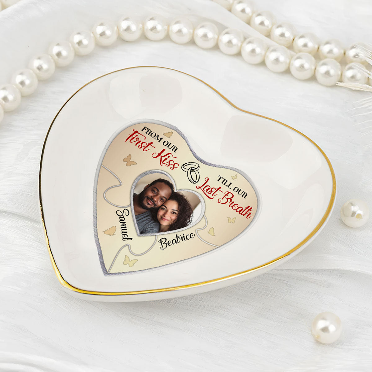 From Our First Kiss Till Our Last Breath Couple Photo - Personalized Heart Shaped Jewelry Dish DSSHSCRDHLN2490T