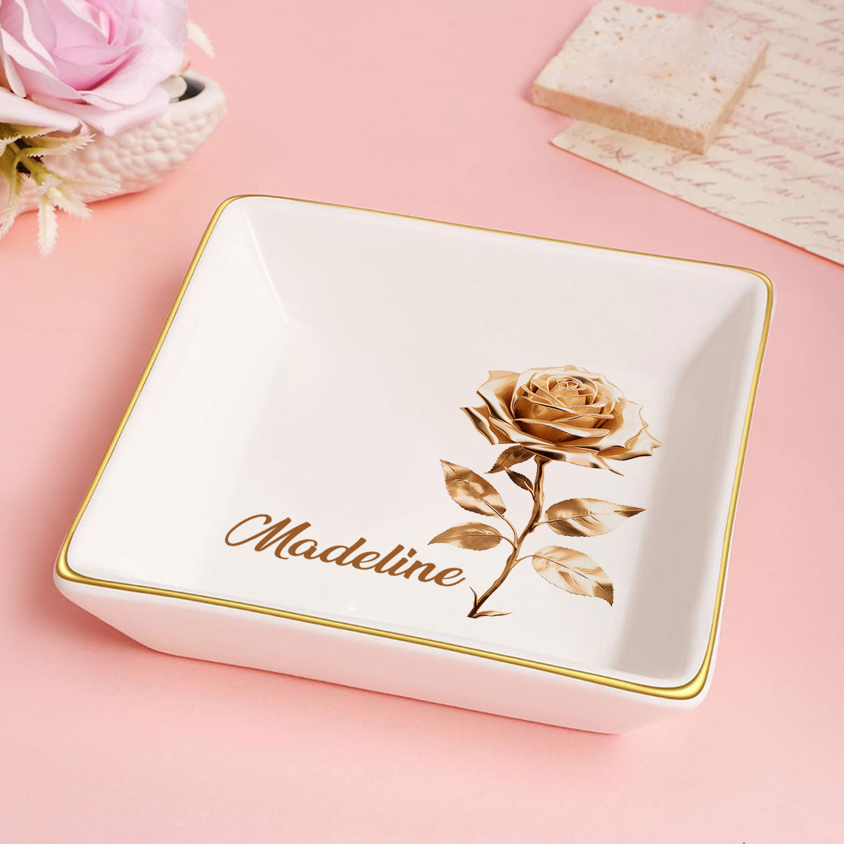 Gold Birth Month Flower - Personalized Jewelry Dish DSJDHLN2500D