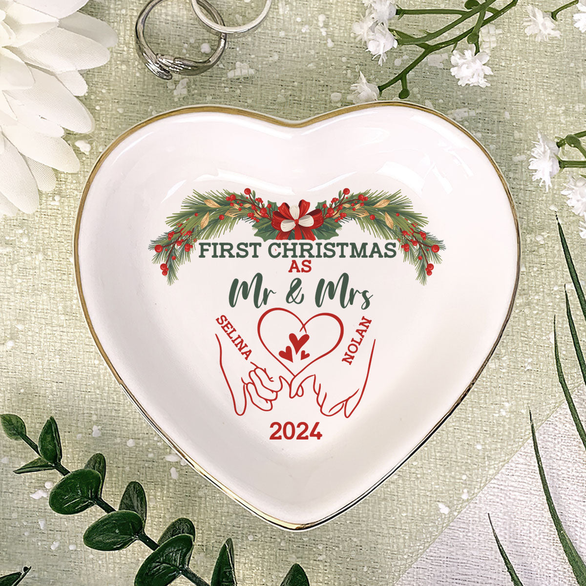 First Christmas as Mr & Mrs - Personalized Heart Shaped Jewelry Dish DSSHSCRDHLN2403M