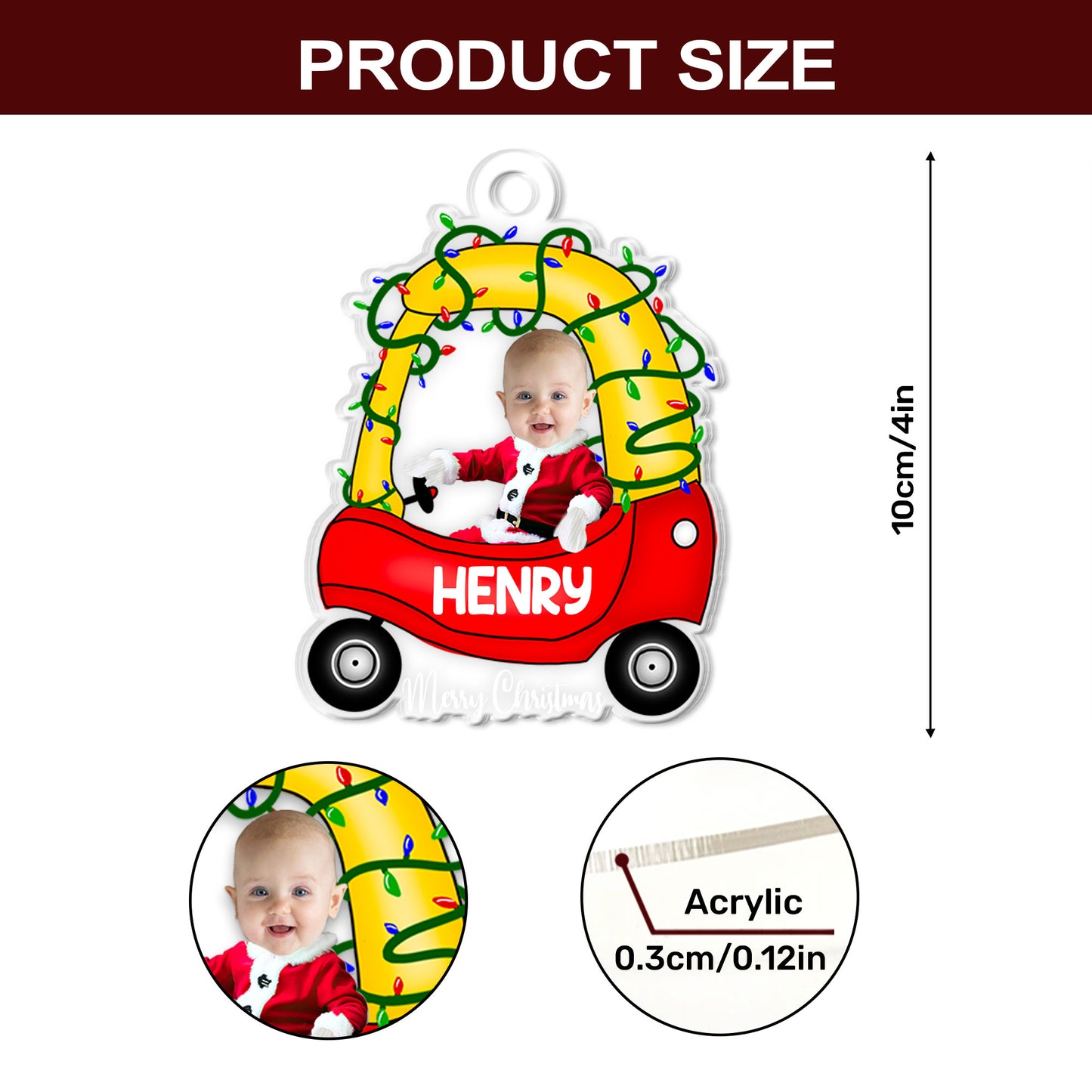 Merry Christmas Little Tikes Cozy Coupe - Personalized 1-Side Acrylic Ornament DSACOHLN2298M