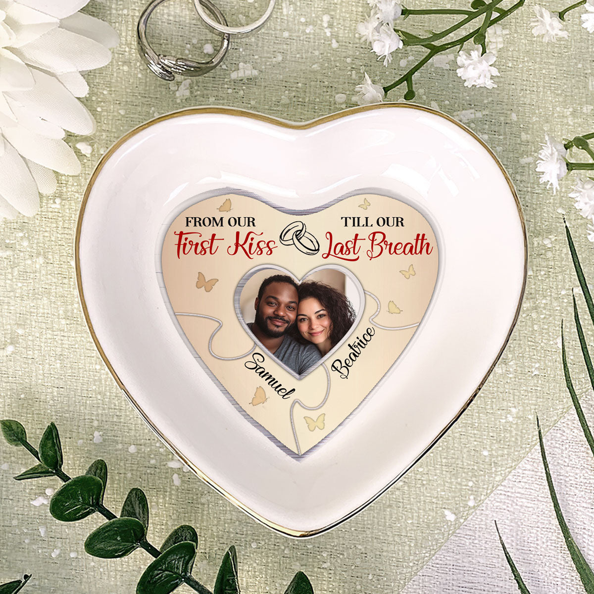 From Our First Kiss Till Our Last Breath Couple Photo - Personalized Heart Shaped Jewelry Dish DSSHSCRDHLN2490T