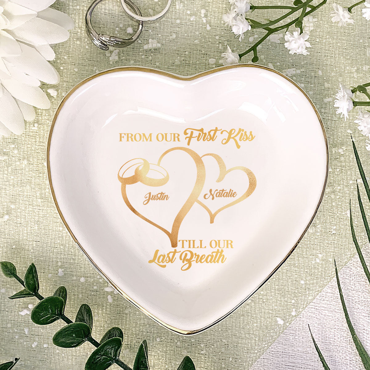 From Our First Kiss Till Our Last Breath - Personalized Heart Shaped Jewelry Dish DSSHSCRDHLN2331L