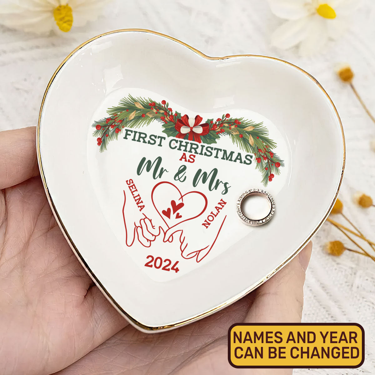 First Christmas as Mr & Mrs - Personalized Heart Shaped Jewelry Dish DSSHSCRDHLN2403M