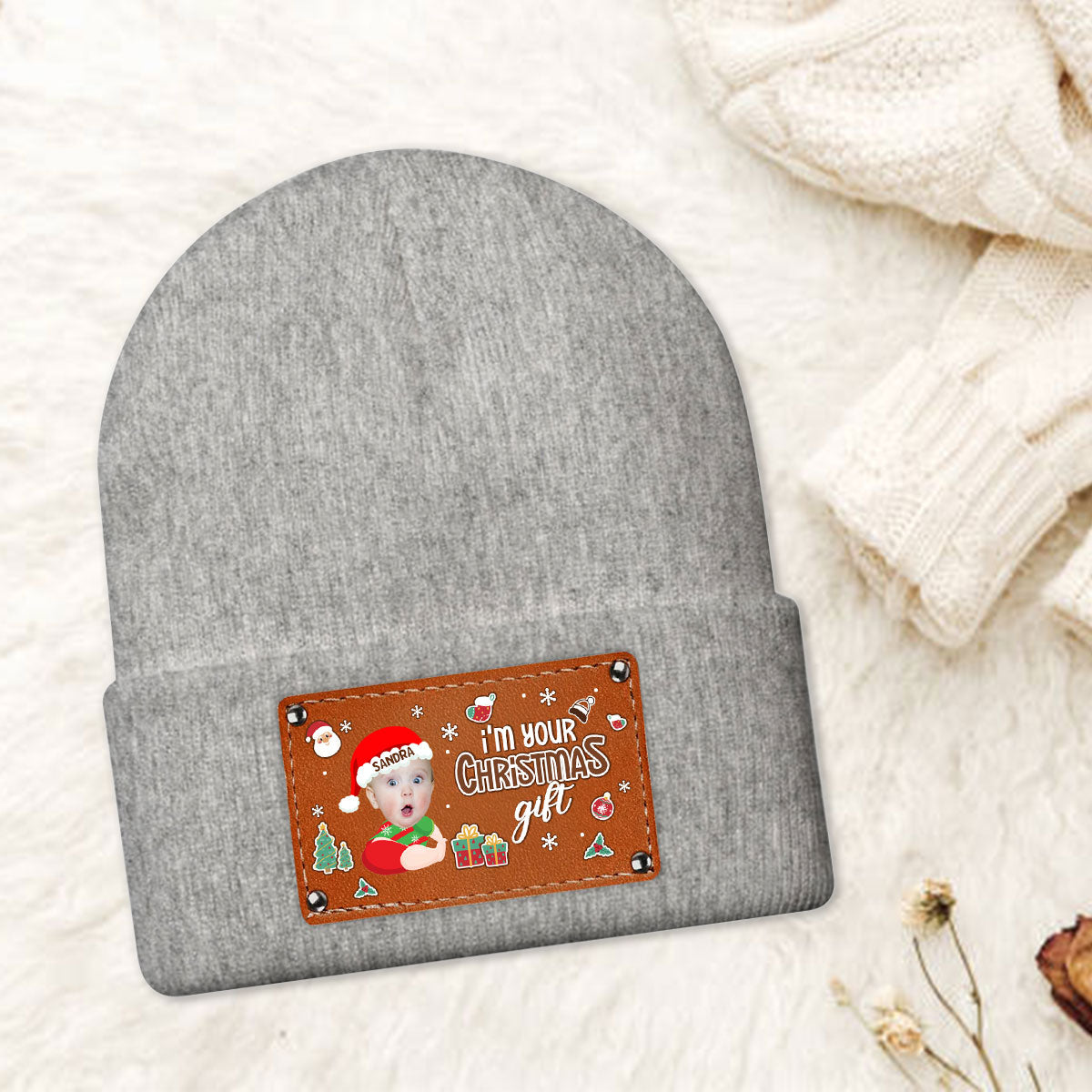 I'm Your Christmas Gift - Personalized Leather Knitted Beanie DSLKBHLPA2172M