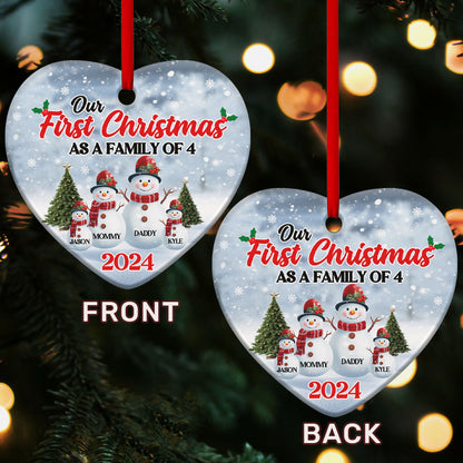 Our First Christmas As A Family Snowman - Personalized Heart Shaped Ceramic Ornament DSHCOHLPA2472D