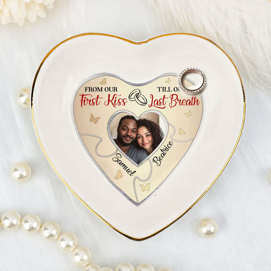 From Our First Kiss Till Our Last Breath Couple Photo - Personalized Heart Shaped Jewelry Dish DSSHSCRDHLN2490T