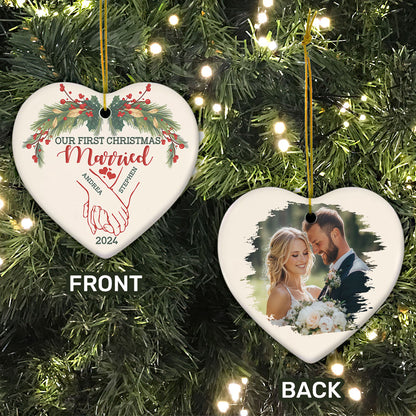 Holding Hands First Christmas Couple - Personalized Heart Shaped Ceramic Ornament DSHCOHLN2256TA