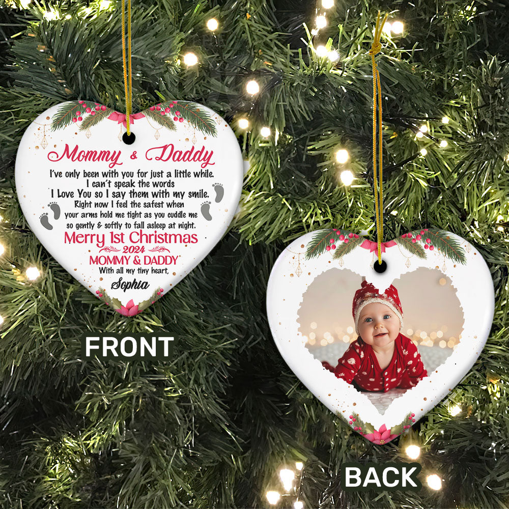 Merry 1st Christmas - Personalized Heart Shaped Ceramic Ornament DSHCOHLPA2241L