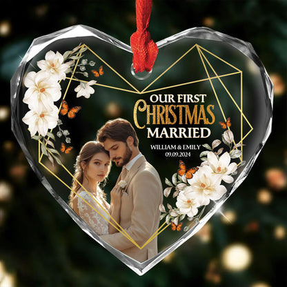 Our First Christmas Married - Personalized Heart Shaped Glass Ornament DSHGOHLPA2325M