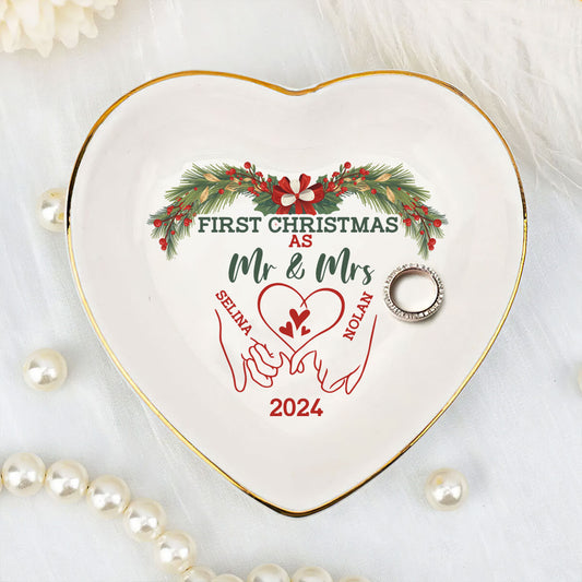 First Christmas as Mr & Mrs - Personalized Heart Shaped Jewelry Dish DSSHSCRDHLN2403M