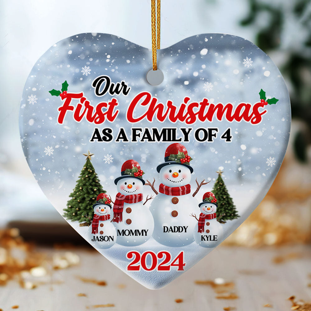 Our First Christmas As A Family Snowman - Personalized Heart Shaped Ceramic Ornament DSHCOHLPA2472D