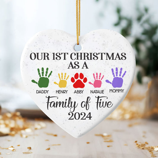 First Christmas As A Family Handprints - Personalized Heart Shaped Ceramic Ornament DSHCOHLN2145TA