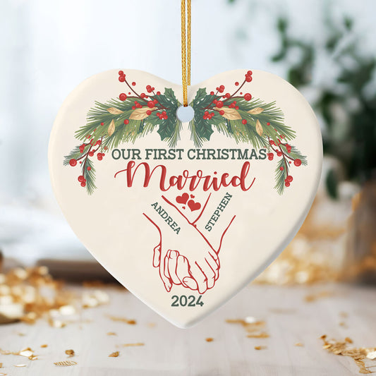 Holding Hands First Christmas Couple - Personalized Heart Shaped Ceramic Ornament DSHCOHLN2256TA