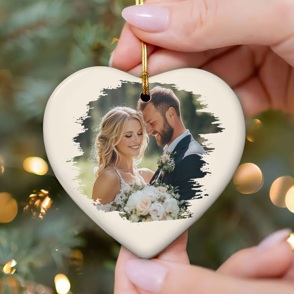 Holding Hands First Christmas Couple - Personalized Heart Shaped Ceramic Ornament DSHCOHLN2256TA