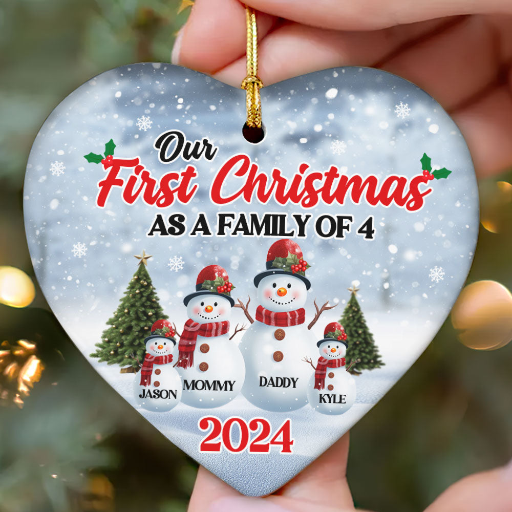 Our First Christmas As A Family Snowman - Personalized Heart Shaped Ceramic Ornament DSHCOHLPA2472D