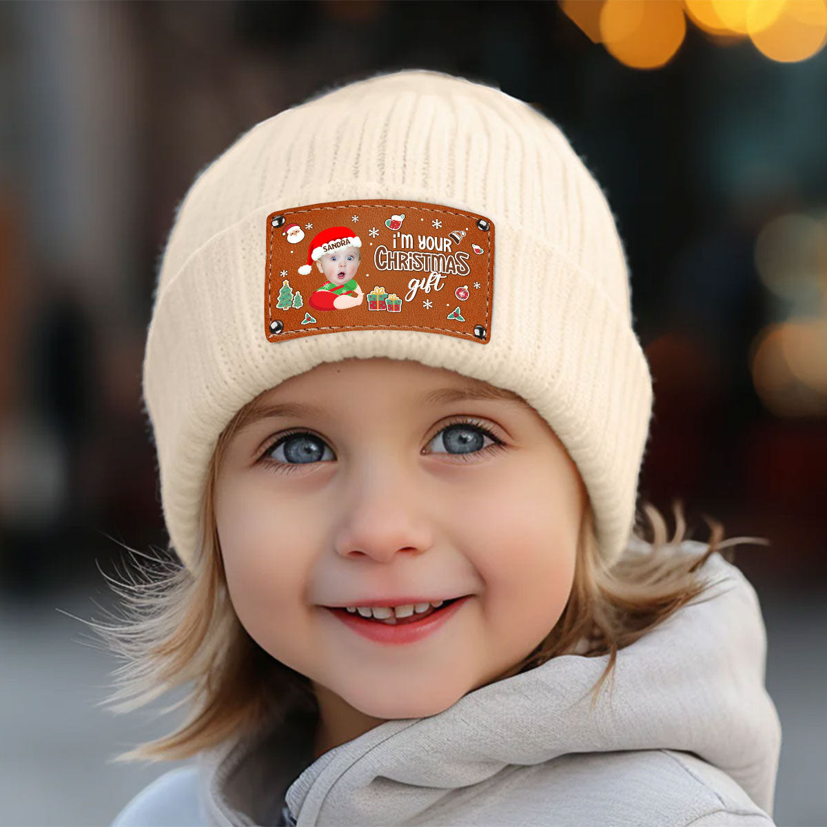 I'm Your Christmas Gift - Personalized Leather Knitted Beanie DSLKBHLPA2172M