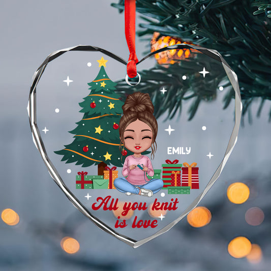 All You Knit Is Love - Personalized Heart Shaped Glass Ornament DSHGONNN2093L