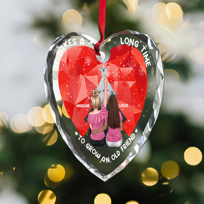 It Takes A Long Time To Grow An Old Friend - Personalized Heart Shaped Glass Ornament DSHGOHLN2144L